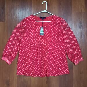 Tommy Hilfiger Top Women's Large Red Polka Dots Long Sleeve Chiffon Pintuck $69